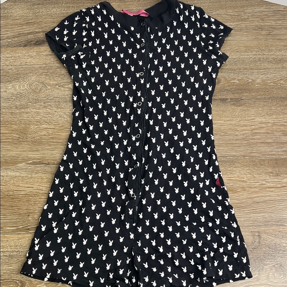 🖤 Playboy Intimates Bunny Print Button-Front Romper | Black & White | Size S